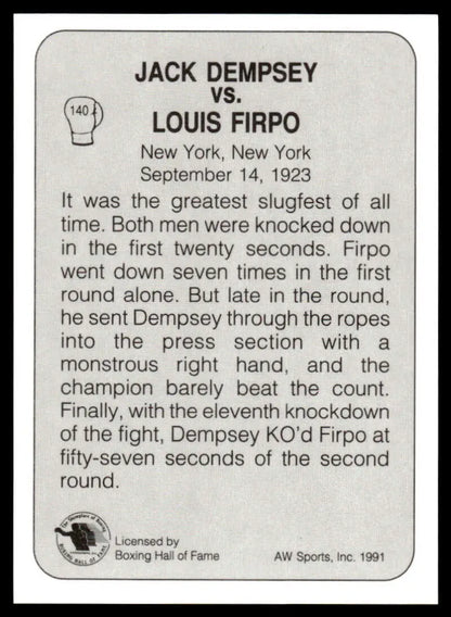 Historical plaque for 1923 heavyweight fight, featured on a Firpo NM-MT boxing card