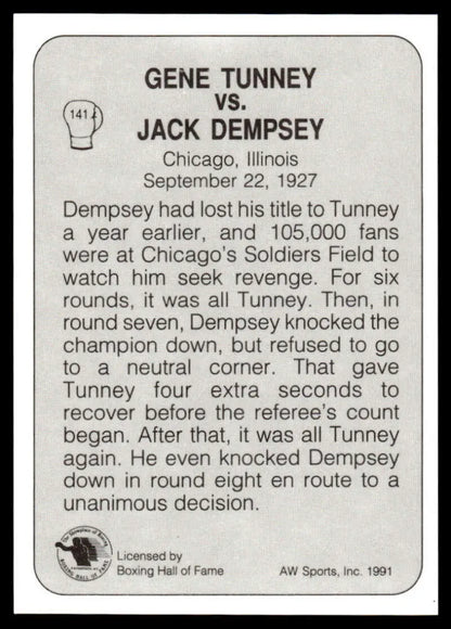 Historical plaque of 1927 Gene Tunney vs Jack Dempsey boxing match on NM-MT boxing card