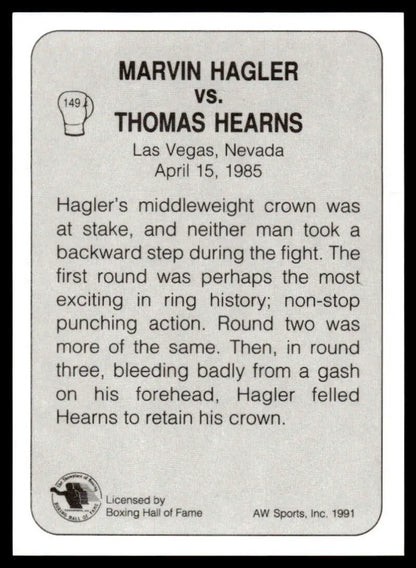 Boxing card featuring 1985 Middleweight Championship fight of Marvelous Marvin Hagler