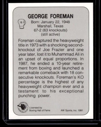 George Foreman NM-MT Boxing Card showcasing stats and highlights from 1973-1987