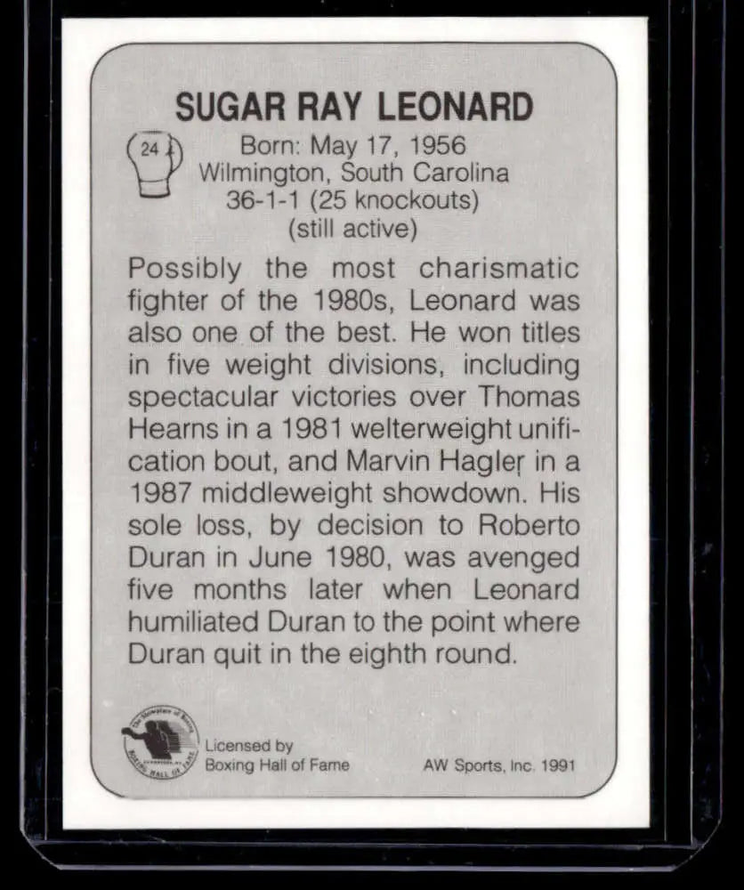 1991 All World #24 Sugar Ray Leonard boxing card with 1980s stats and highlights