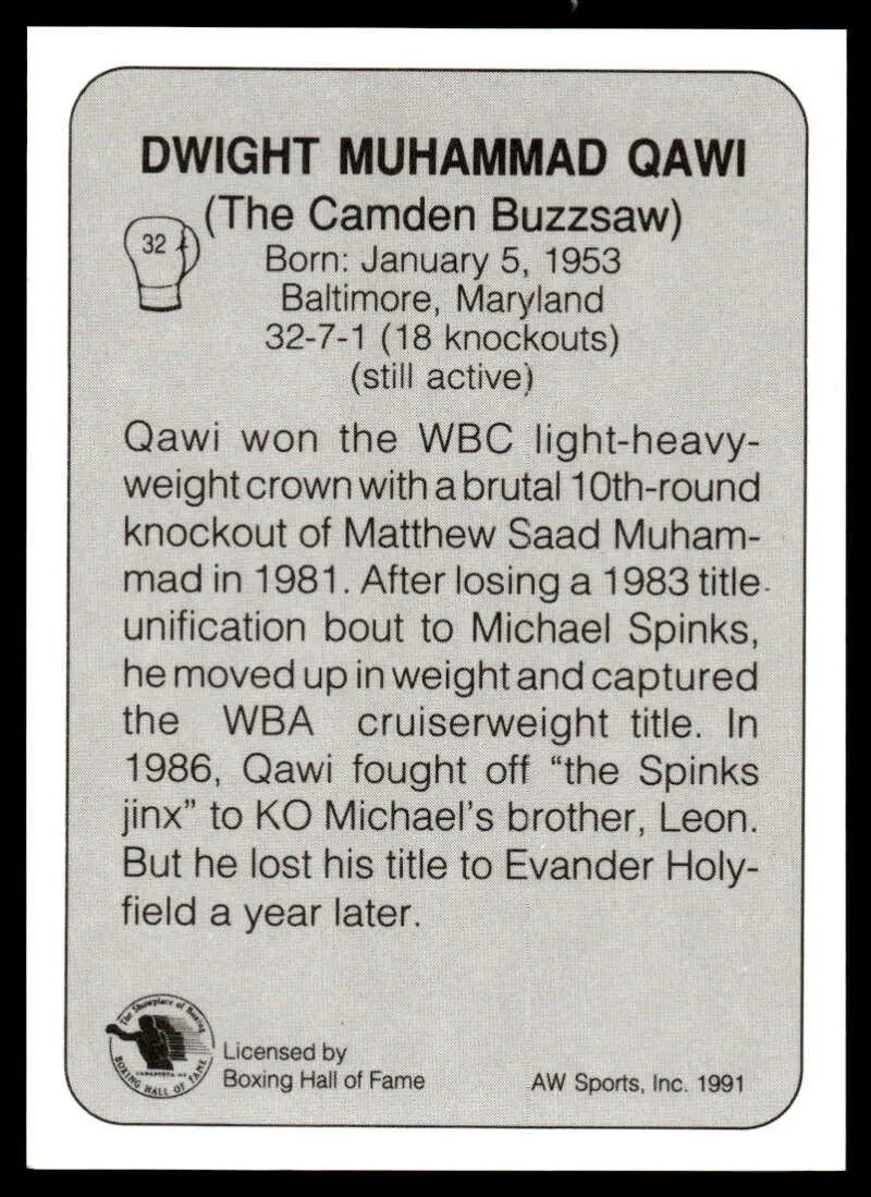 Black and white boxing card featuring Dwight Muhammad’s bio and career highlights