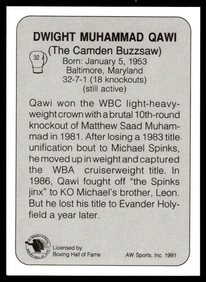 Black and white boxing card featuring Dwight Muhammad’s bio and career highlights