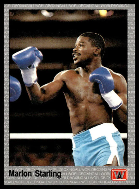 Boxer Marlon Starling in light blue shorts and gloves, featured on NM-MT boxing card