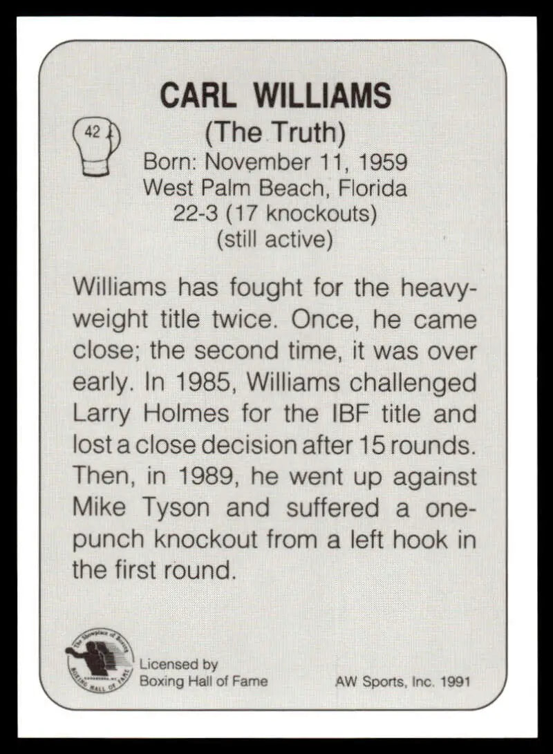 Carl Williams NM-MT boxing card featuring career highlights and statistics