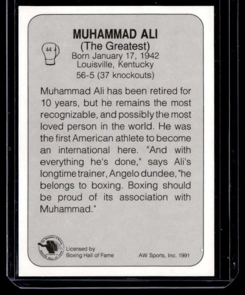 1991 All World #44 Muhammad Ali boxing card with biographical information displayed