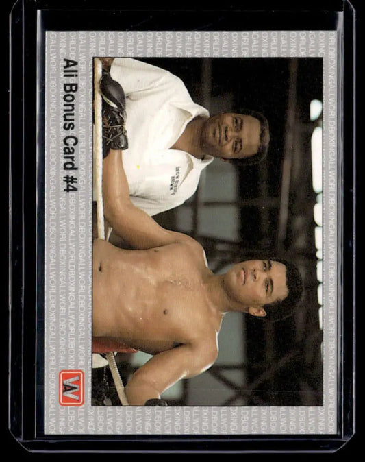 Trading card of Muhammad Ali in a wrestling ring, showcasing this sports card collectible