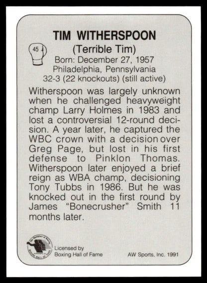 Black and white boxing card featuring Tim Witherspoon NM-MT career highlights