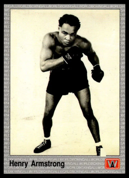 Black and white photo of Henry Armstrong in boxing stance for NM-MT boxing card