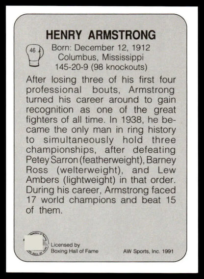 Black and white plaque detailing Henry Armstrong’s boxing stats on NM-MT card