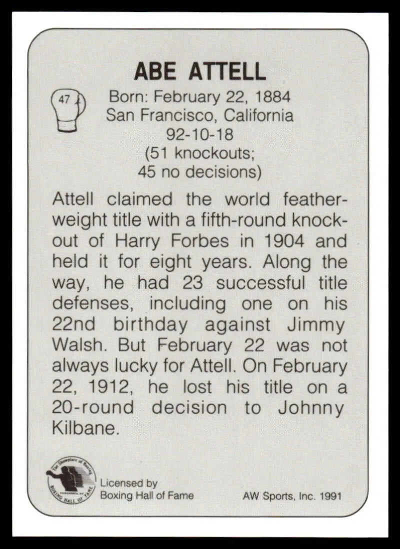 Black and white boxing statistics card featuring Abe Attell NM-MT career highlights