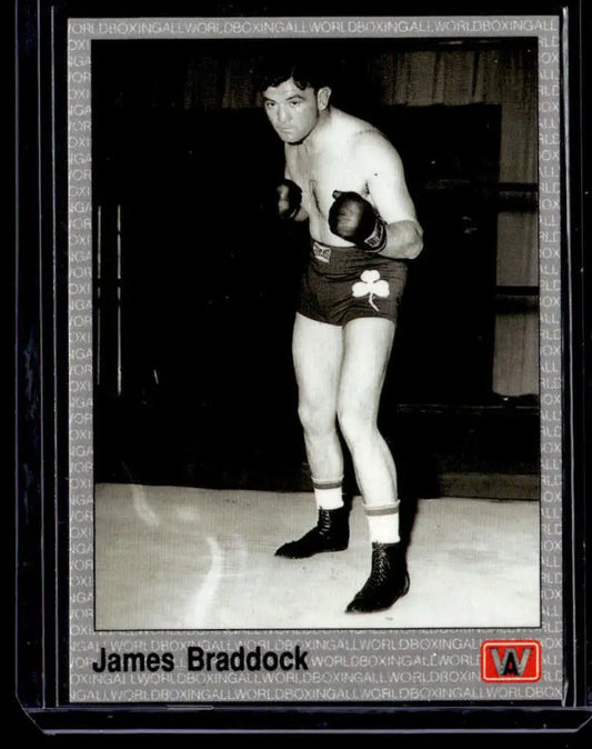 Black and white boxing photo of James Braddock in stance featured on boxing card