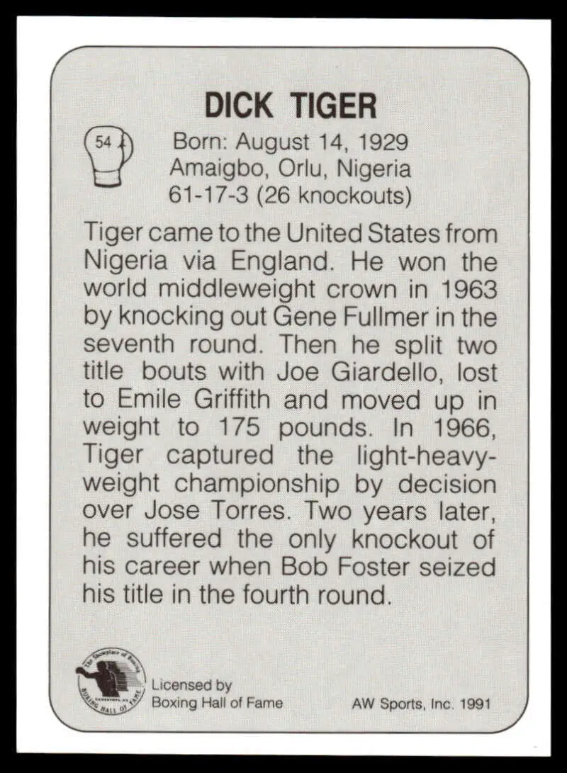 Black and white boxing card featuring Dick Tiger NM-MT with biographical text and icons