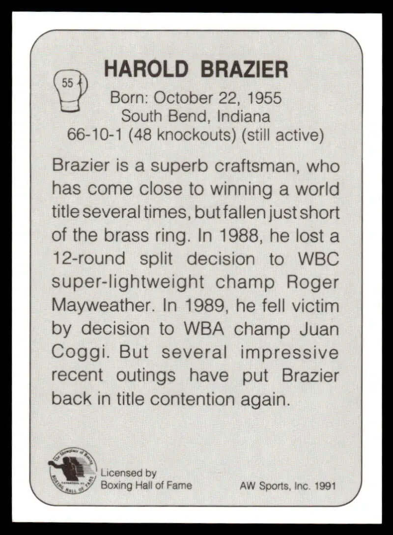 Black and white boxing card featuring Harold Brazier NM-MT statistics and biography