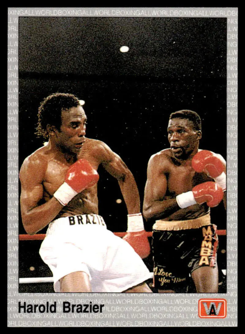 Two boxers fighting, one in white shorts, one in dark, featuring Harold Brazier boxing card