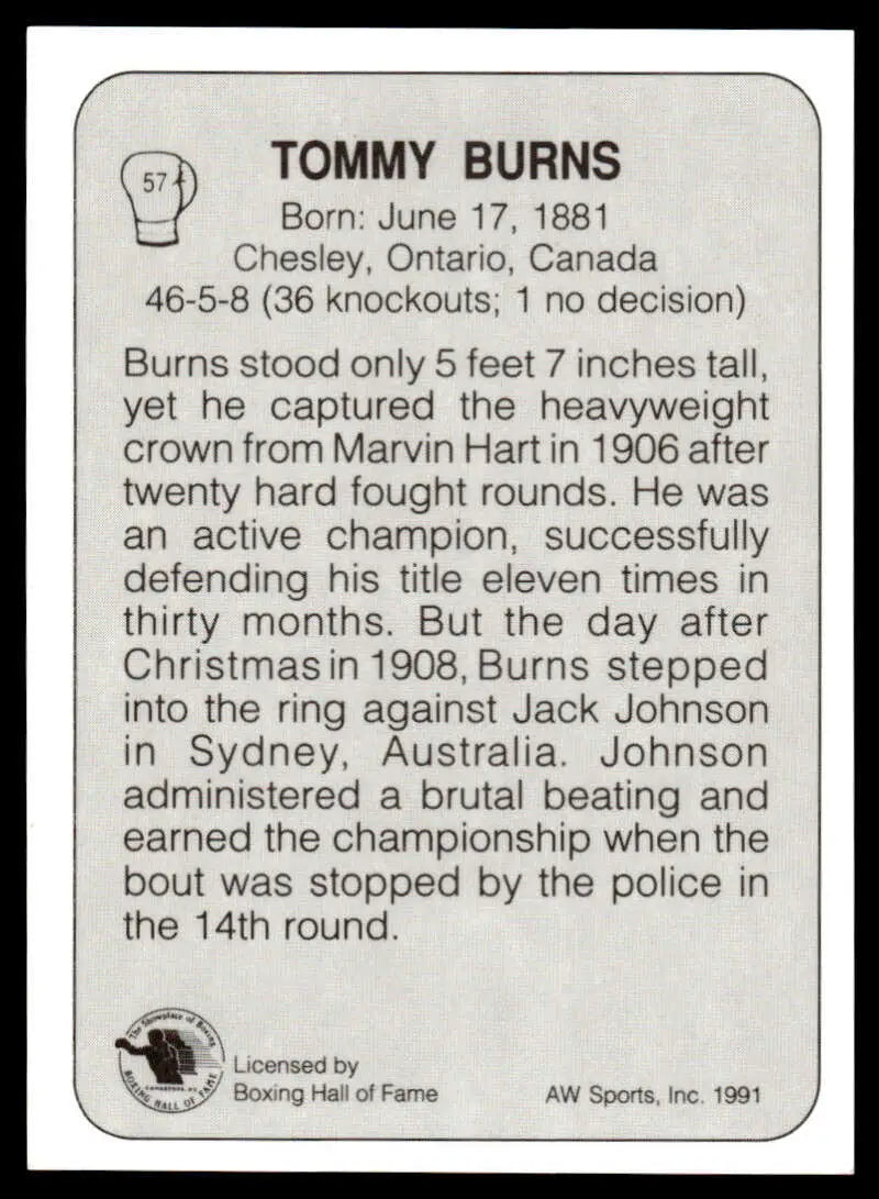 1991 All World Tommy Burns NM-MT Boxing Card with biographical text and statistics