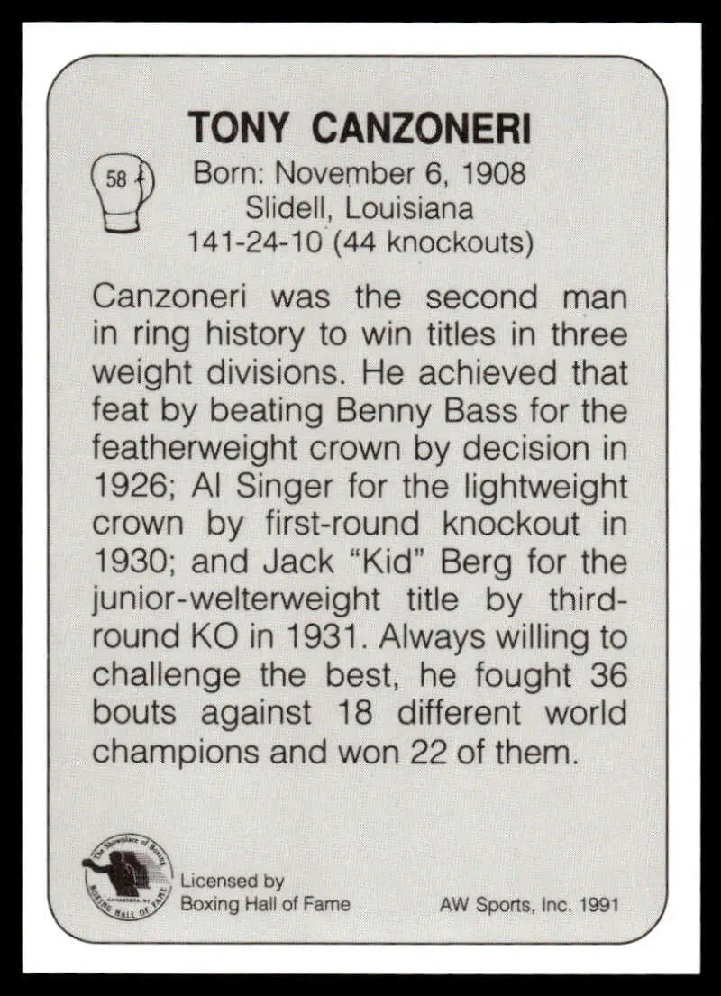 Boxing Hall of Fame plaque with Tony Canzoneri career highlights on boxing card