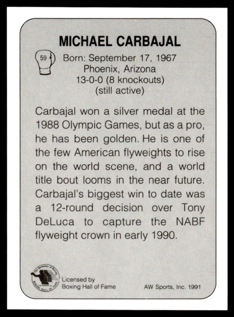 Black and white boxing card featuring Michael Carbajal NM-MT stats and biography