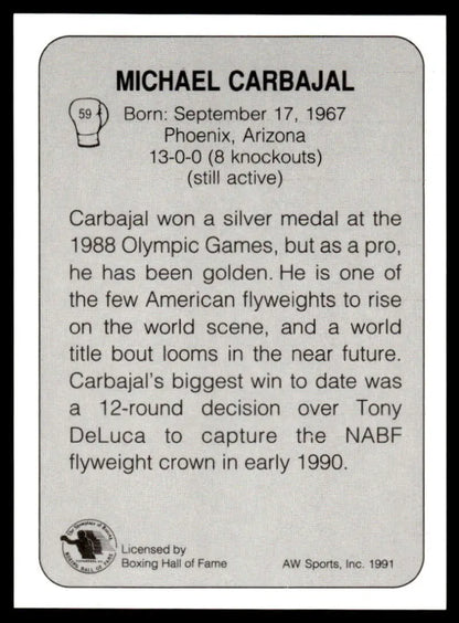 Black and white boxing card featuring Michael Carbajal NM-MT stats and biography