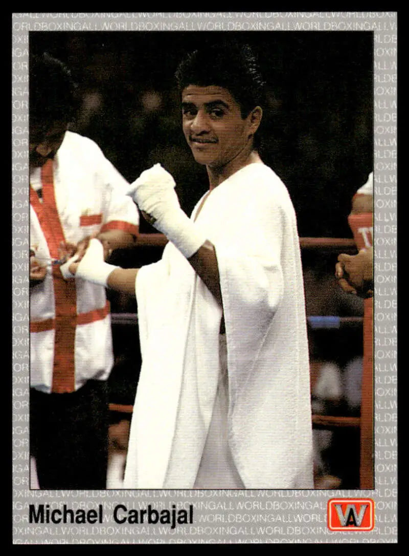 Boxer in white robes with wrapped hands, featuring Michael Carbajal NM-MT Boxing Card