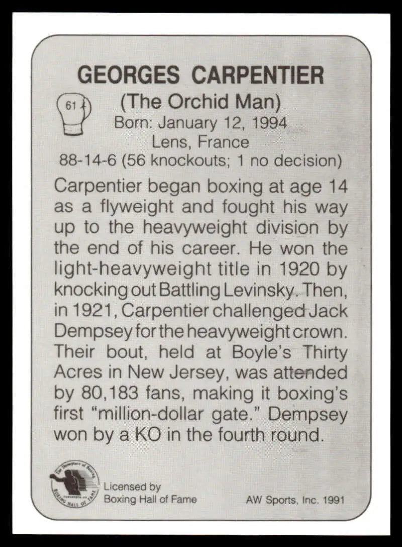 Black and white boxing card featuring biographical details about Georges Carpentier NM-MT