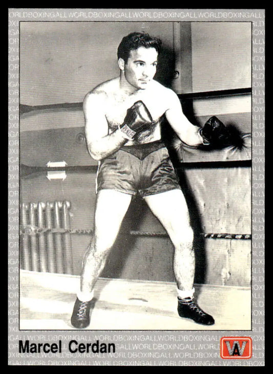 Black and white photograph of Marcel Cerdan in boxing stance for NM-MT boxing card