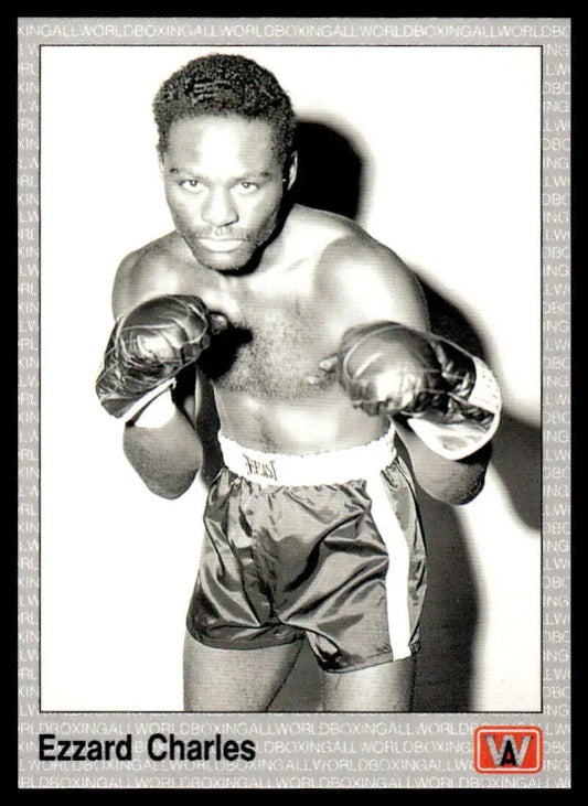 Black and white boxing photograph of Ezzard Charles in a classic stance for boxing card