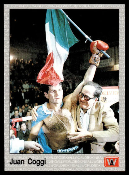 Person in boxing gear waving Italian flag with Juan Coggi NM-MT Boxing Card