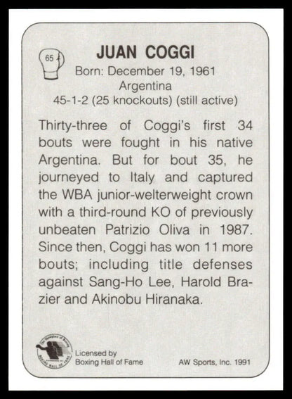 Boxing statistics card highlighting Juan Coggi’s career and achievements from 1961