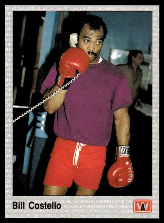 Billy Costello in a purple shirt and red shorts on a NM-MT boxing card