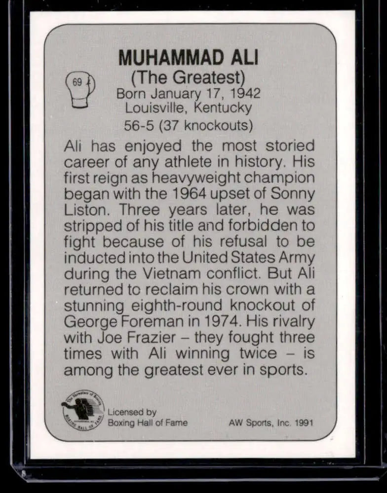 Muhammad Ali NM-MT boxing card featuring biographical text about the legendary boxer