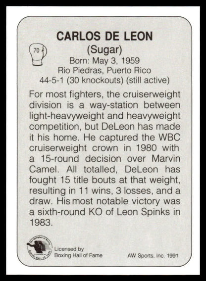 Boxing card featuring biographical details of Carlos Sugar De Leon NM-MT Boxing Card