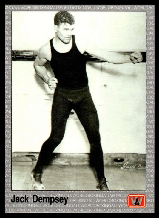 Black and white photo of a boxer in stance on the 1991 Jack Dempsey NM-MT Boxing Card