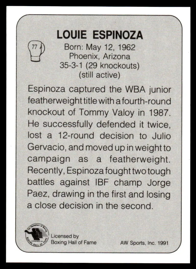 Louie Espinoza NM-MT boxing card showcasing career highlights and stats for WBA champion