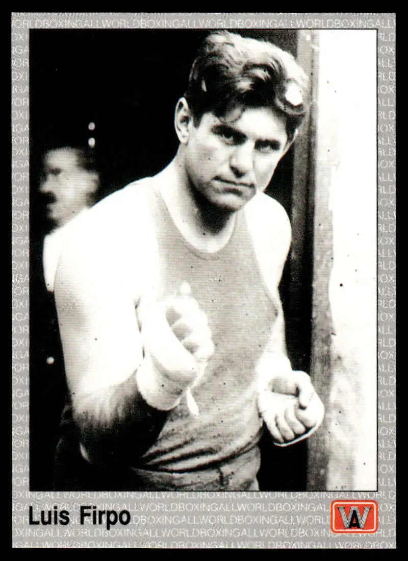 Black and white image of Luis Firpo in a fighting stance on a boxing card