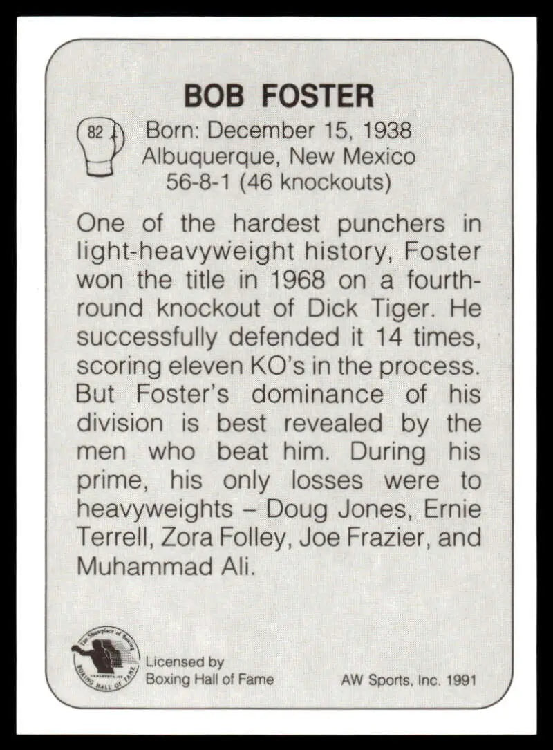 Black and white boxing card featuring Bob Foster and boxing history statistics