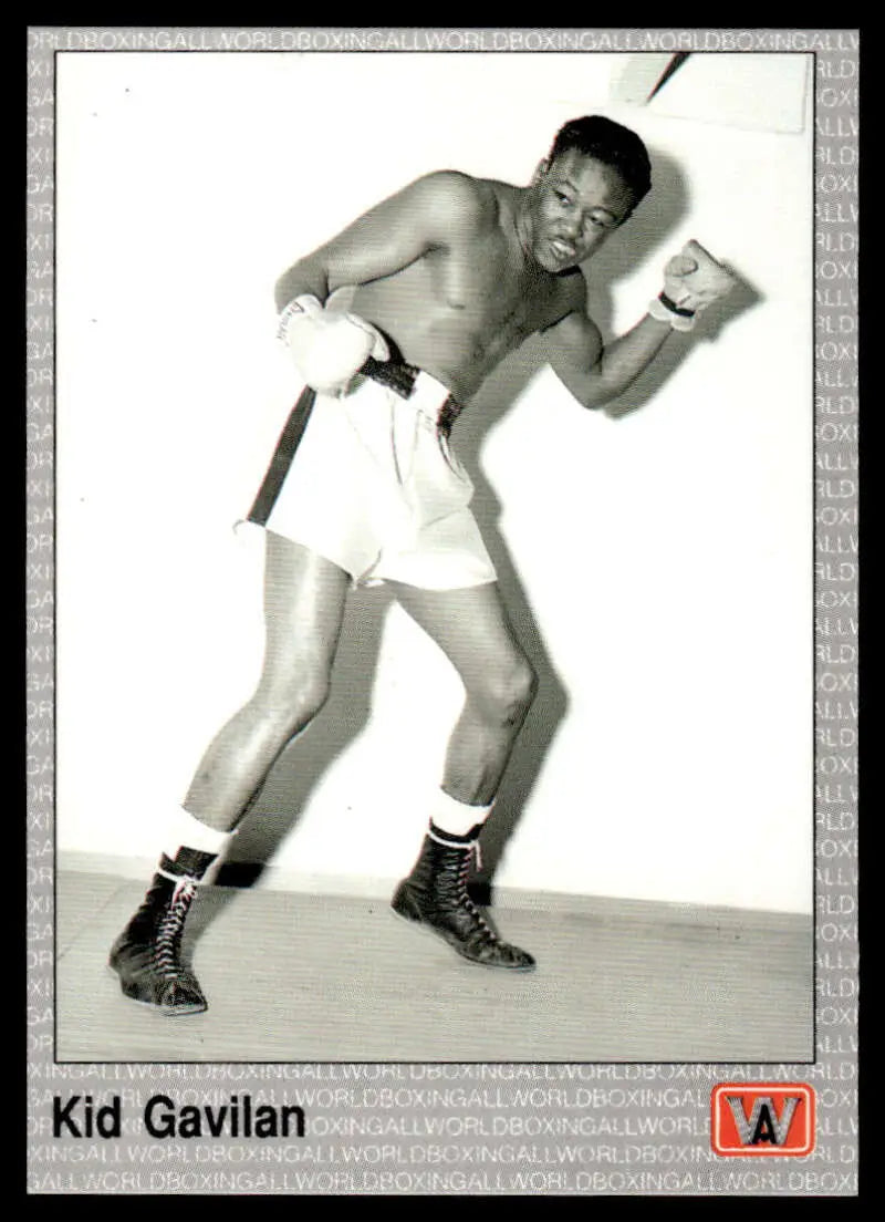 Black and white photo of Kid Gavilan in a fighting stance for boxing card display