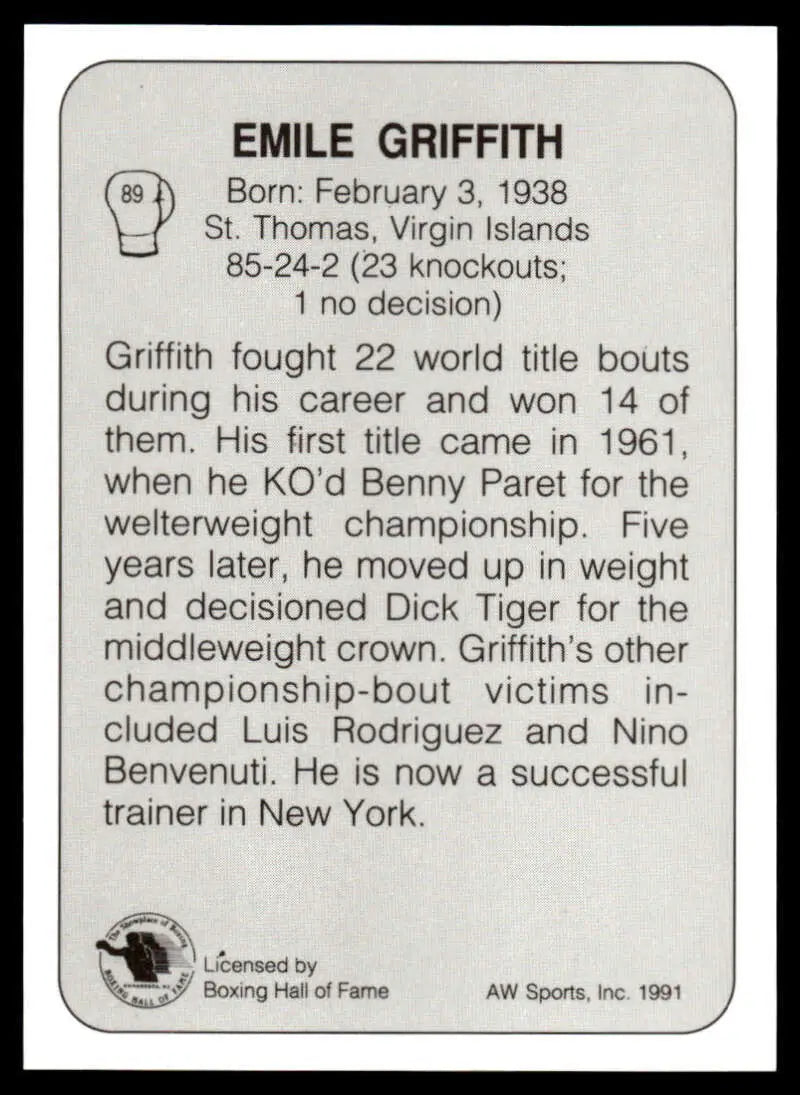 Black and white plaque honoring Emile Griffith, featured in 1991 All World boxing card