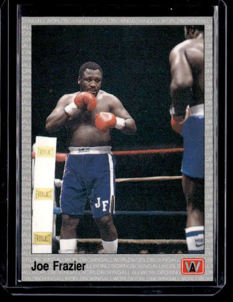 Joe Frazier NM-MT boxing card featuring Joe Frazier in blue shorts and red gloves