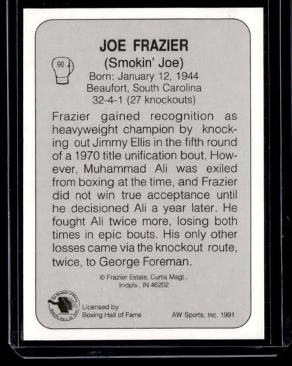 Joe Frazier NM-MT boxing card featuring biographical info about the champion from South Carolina