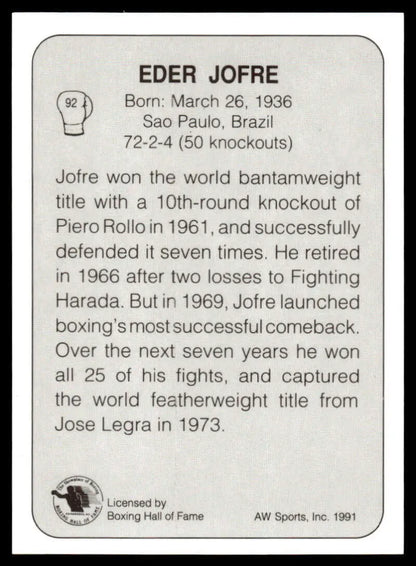 Boxing Hall of Fame plaque for Eder Jofre displayed with Eder Jofre NM-MT card