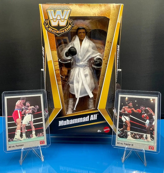 WWE Legends action figure in robe with boxing trading cards Muhammad Ali vs. Frazier III