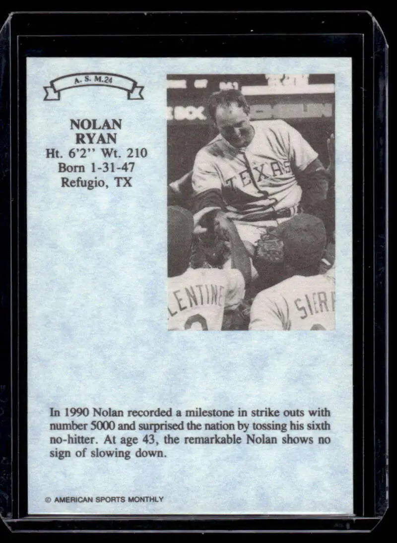 Black and white baseball card of Nolan Ryan from Texas Rangers in 1990 for American Sports Nolan