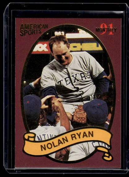 Nolan Ryan Texas Rangers baseball card in white uniform with decorative banner design