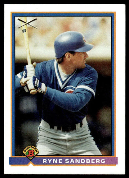 Ryne Sandberg in a batting stance on a Chicago Cubs baseball card 1991 Bowman #377