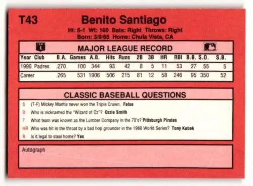 1991 Classic II T43 Benito Santiago San Diego Padres baseball card with original gloss