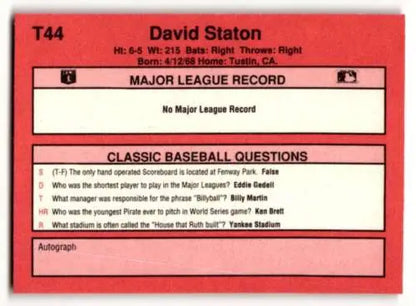 1991 Classic II T44 Dave Staton San Diego Padres baseball card with original gloss