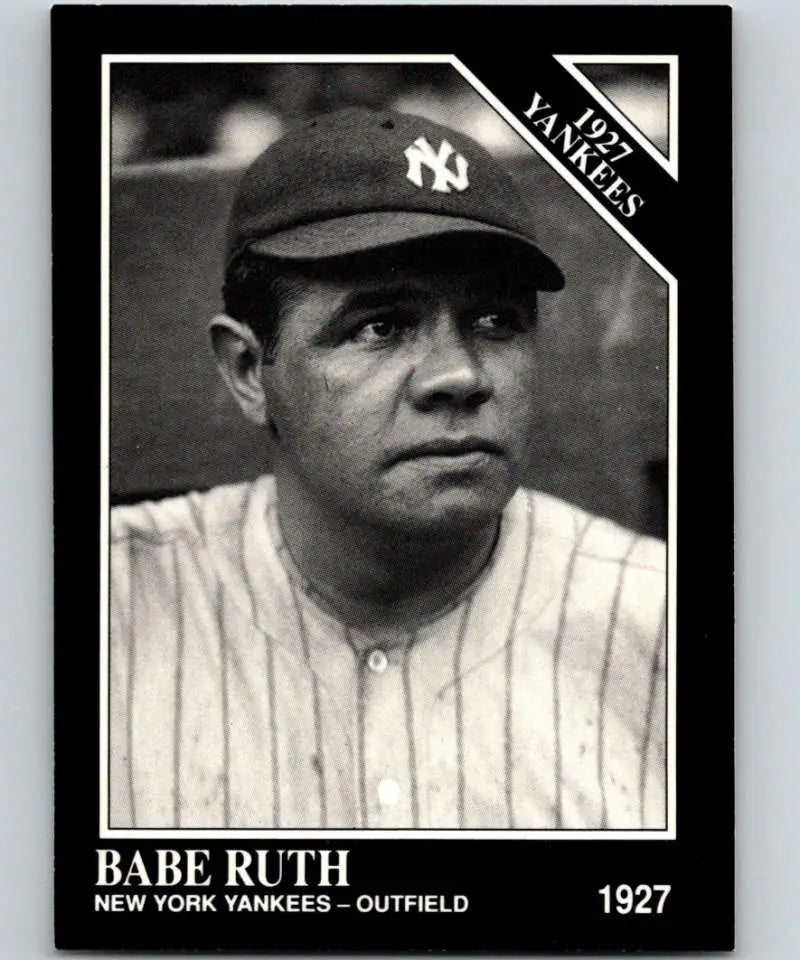 Black and white baseball card of Babe Ruth in pinstripes for the New York Yankees