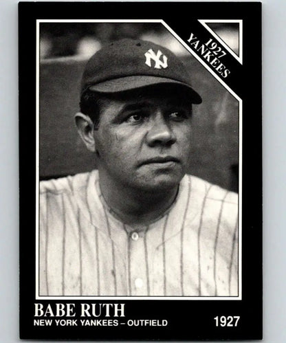 Black and white baseball card of Babe Ruth in pinstripes for the New York Yankees