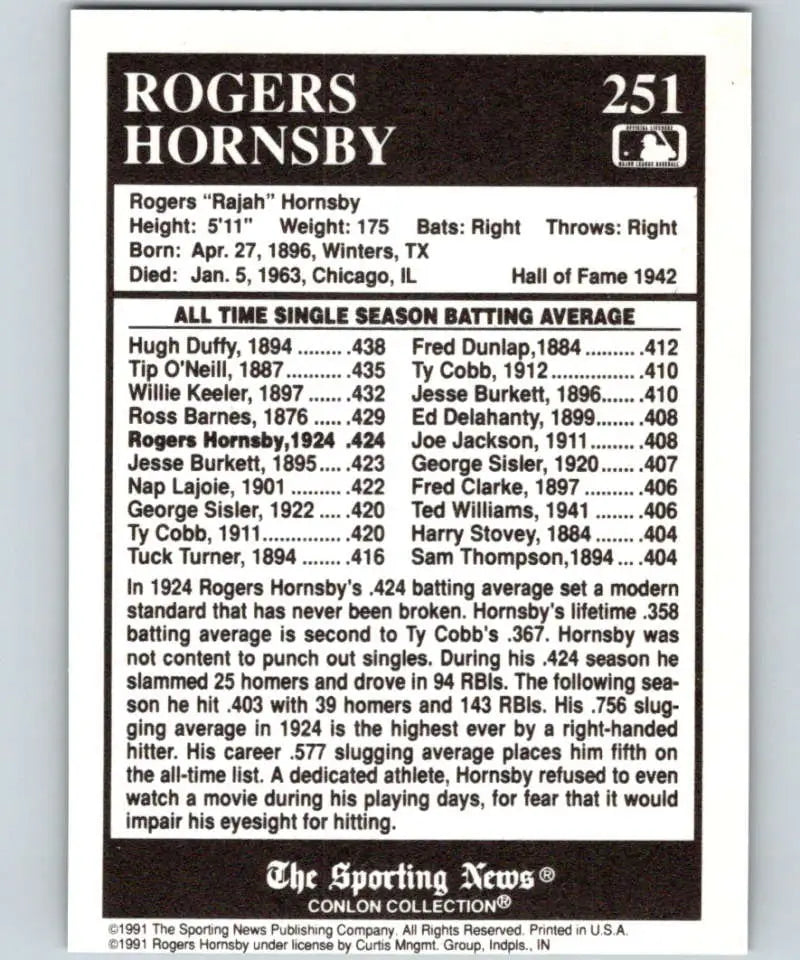 1991 Conlon Collection #251 Rogers Hornsby Baseball Card with stats and highlights for Louis Cardinals